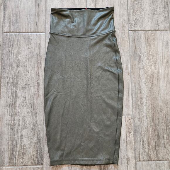 Spanx Skirt Womens XS Dark Green Faux Leather Pencil High Waist Slimming Stretch - Picture 1 of 9